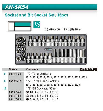 Набір головок зі вставкою Torx, Spline 1/2" Whirlpower AN-SK54, фото 3