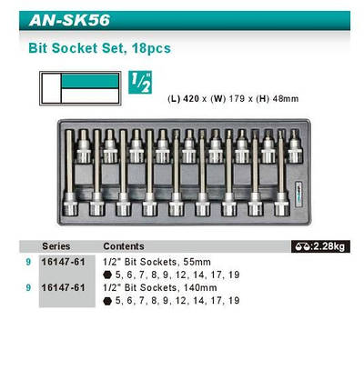 Набір головок зі вставкою Hex 1/2" Н5-Н19 18од Whirlpower AN-SK56, фото 3