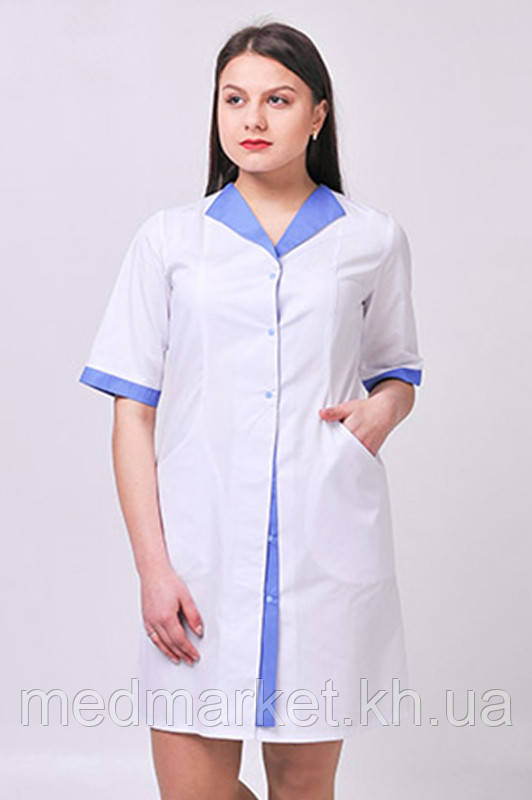 Халат медичний Елегія ELIT COTTON Білий з блакитним, фото 1