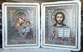 Ікони Спаситель, Богородиця Казанська в білому дерев,яному кіоті під склом, розмір кіота 47×37, лік 30×40