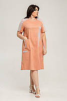 Персиковое летнее платье с коротким рукавом лён