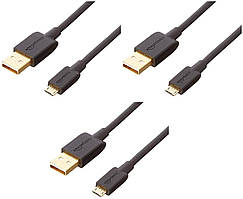 3шт довжина 0.9м Amazon Основи USB 2.0 A-Чоловічий кабель до Micro B (3 упаковки), 3 фути, чорний, принтер