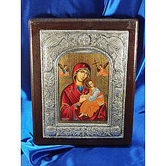 Страсна ікона Божої Матері ручний розспис на холсті, срібло та позолота розмір 23,5 Х 30 см