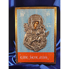 Ексклюзивна ікона на старовинній дошці Божа Матір Нев'янучий Цвіт ручний розпис у сріблі та позолота розмір 18 Х 25 см