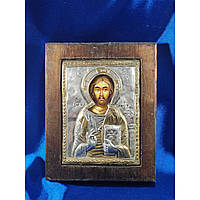 Эксклюзивная икона на старинной доске Спаситель Иисус Христос ручная роспись в серебре и позолота размер 14,5