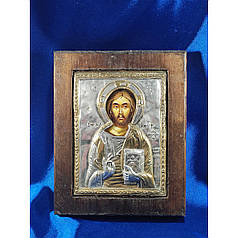Ексклюзивна ікона на старовинній дошці Спаситель Ісус Христос ручний розпис у сріблі та позолота розмір 14,5 Х 18 см