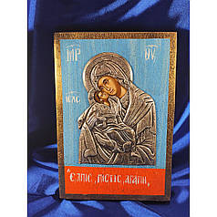 Ексклюзивна ікона на старовинній дошці Божа Матір Глікофілуса ручний розпис у сріблі та позолота розмір 17 Х 25 см