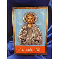 Эксклюзивная икона на старинной доске Спаситель Иисус Христос ручная в серебре и позолота размер 17,8 Х 24,8