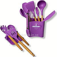 Силіконовий кухонний набір приладдя 13 предметів ( дерево + силікон) ZP-053 фіолетовий