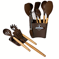 Силиконовые кухонные принадлежности с деревянной ручкой, набор лопаток для кухни ZP-53 коричневый