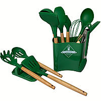 Силіконові кухонні речі з дерев'яною ручкою, набір лопаток для кухні ZP-53 зелений