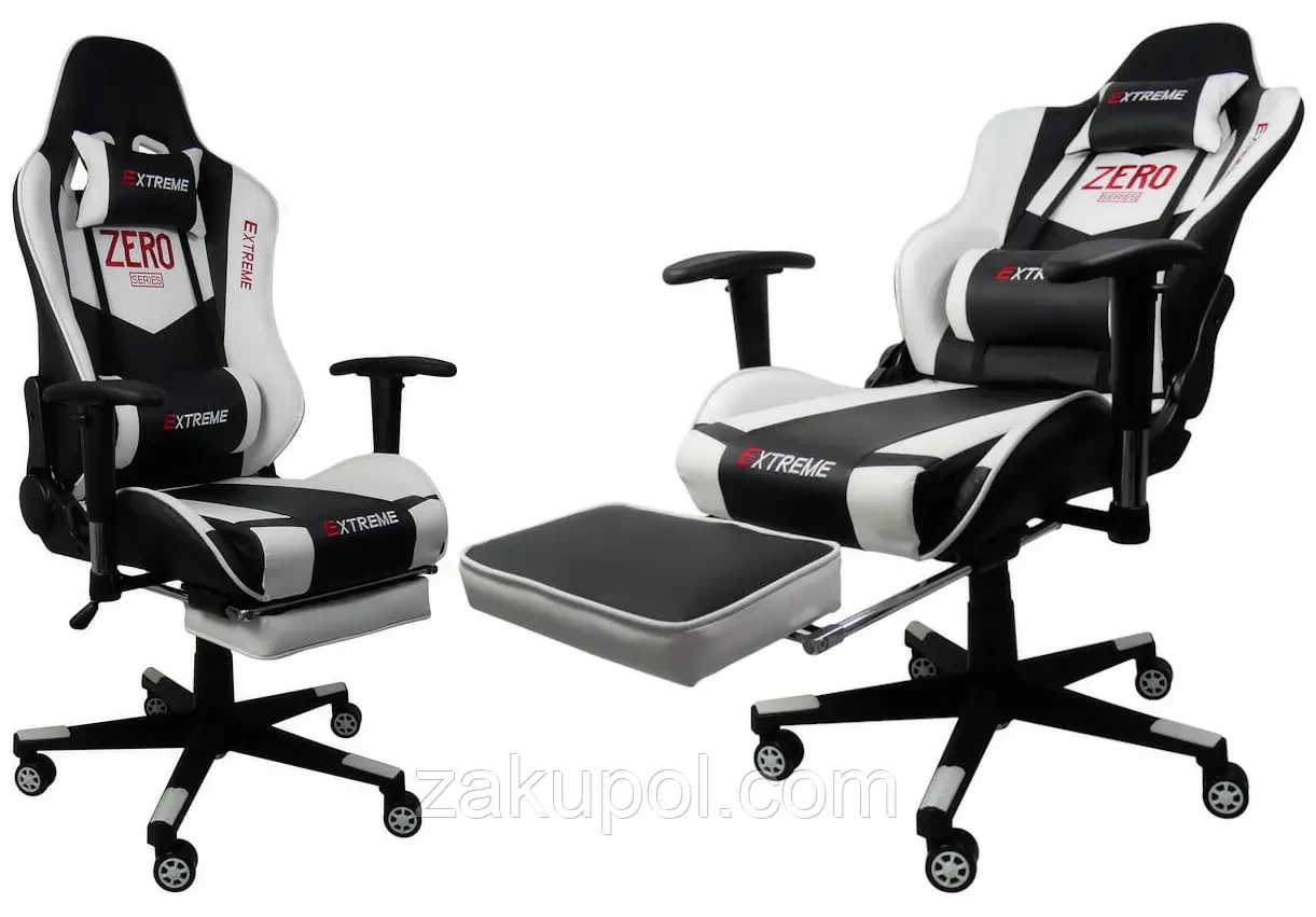 Геймерське крісло Extreme Zero series чорно-біле спортивне з підставкою для ніг