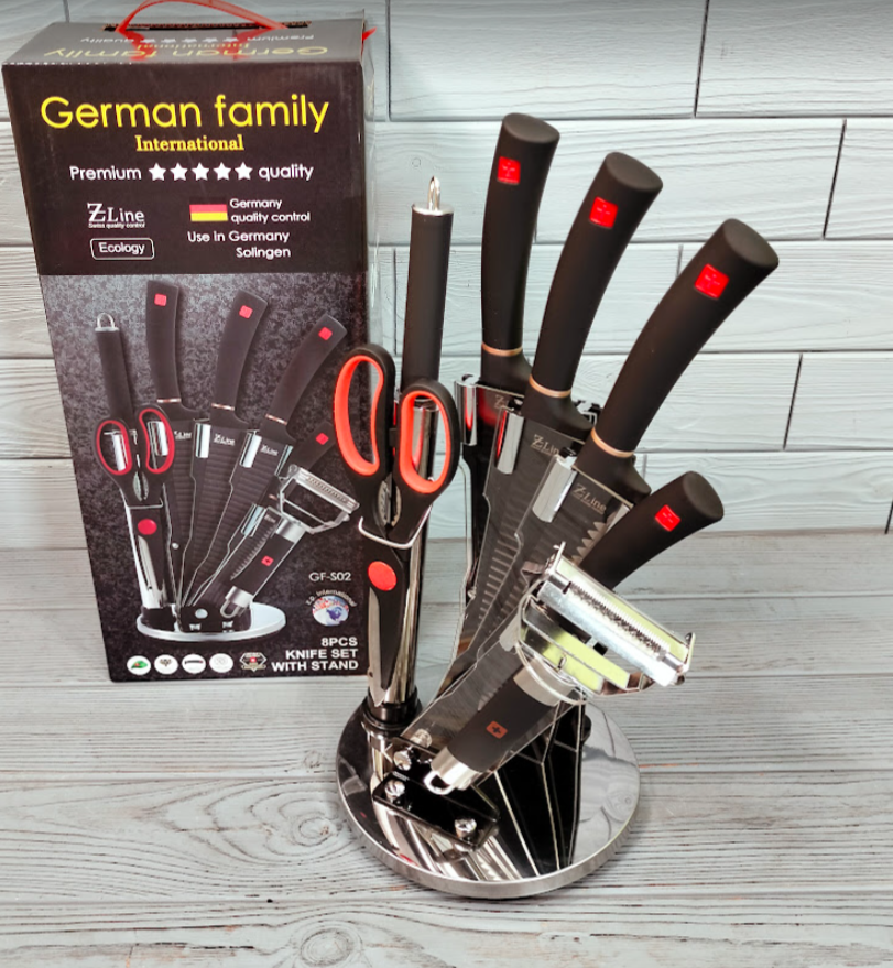 Набір кухонних ножів 8 предметів German Family GF-S02 / Кухонні ножі на крутній підставці