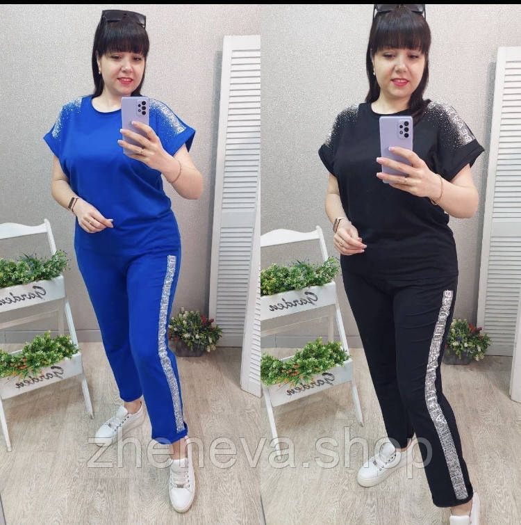 Стильный женский костюм футболка штаны, синий, черный, размер 50-54(оверсайз), фото 1