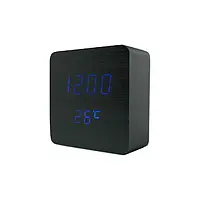 Электронные настольные часы LED WOODEN CLOCK VST 872 квадратные под дерево Черные, Синяя подсветка