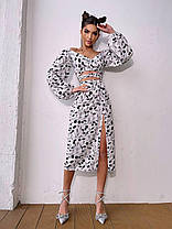 Красивий квітковий жіночий комплект топ із зав'язками на талії та спідниця міді з розрізом Kb1599, фото 5