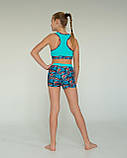 Костюм для пол денс топ та шорти дитячі спортивні для дівчинки з блакитного біфлексу з принтом Олівія р.26-44, фото 2