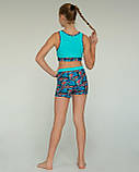 Костюм для пол денс топ та шорти дитячі спортивні для дівчинки з блакитного біфлексу з принтом Олівія р.26-44, фото 3