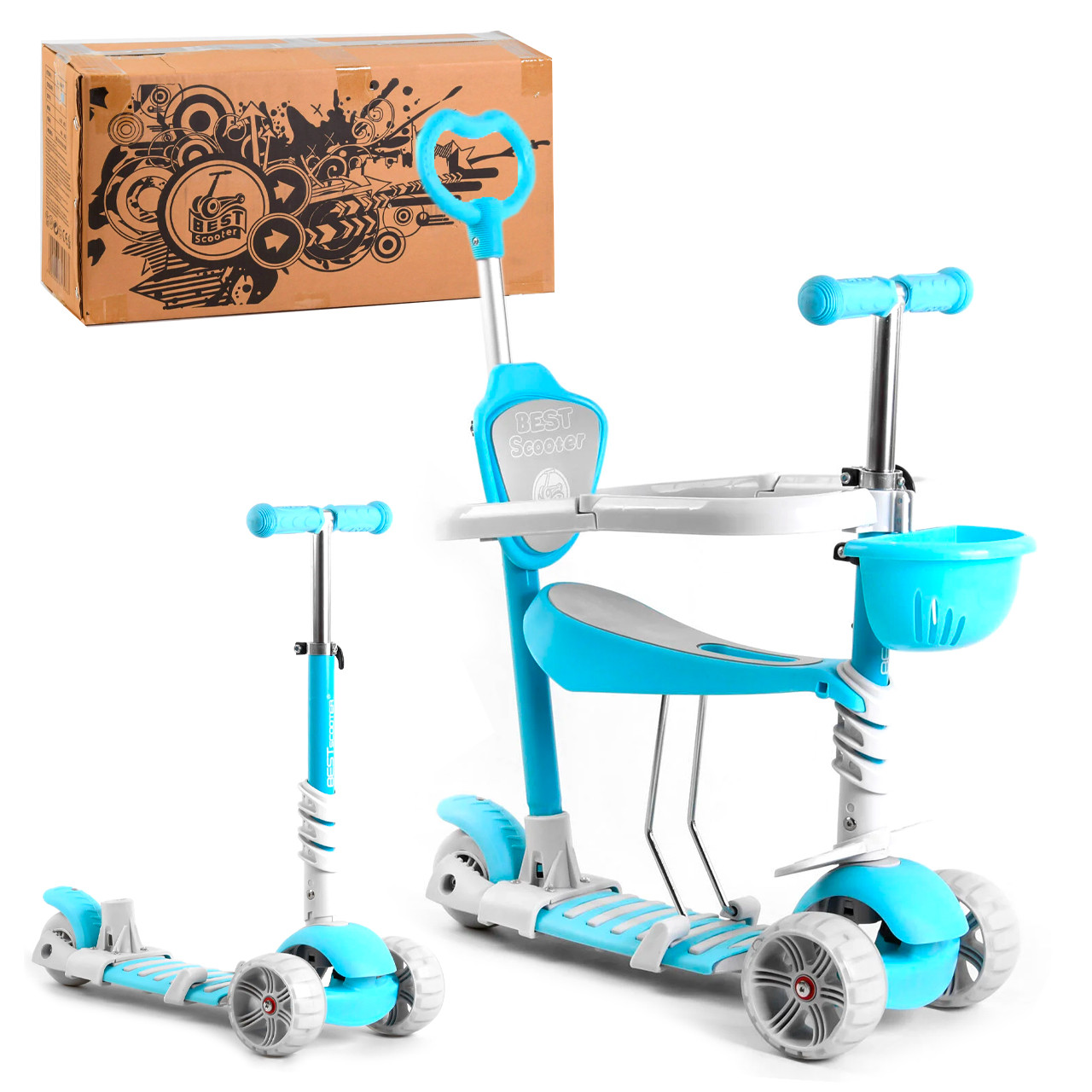 Самокат 5в1 Best Scooter, голубий, із захисним бампером, PU колеса 120х50мм зі світлом, в кор. (B-3047), фото 1
