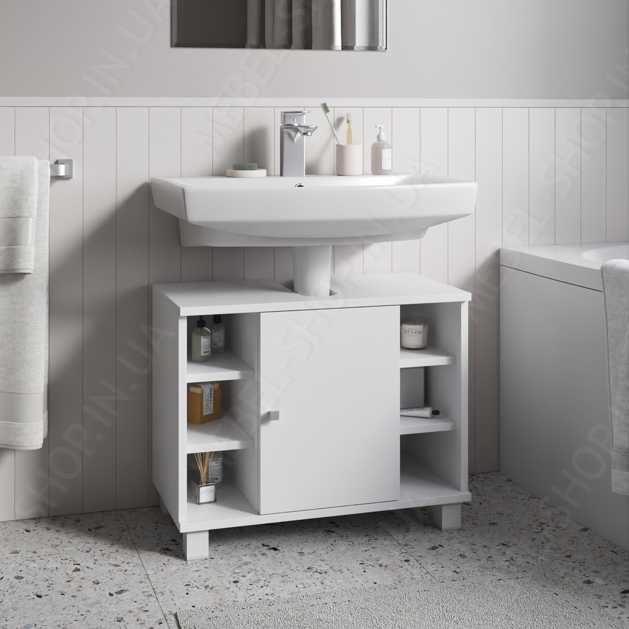 Тумбочка під умивальник з 6 поличками та дверцятами Підлогові тумби під раковину з Ламінованого ДСП, фото 1