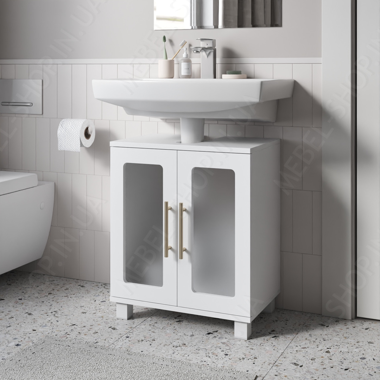 Тумбочка у ванну під умивальник з дверцятами МДФ та вставками з матового скла Тумба під раковину 580 мм, фото 1