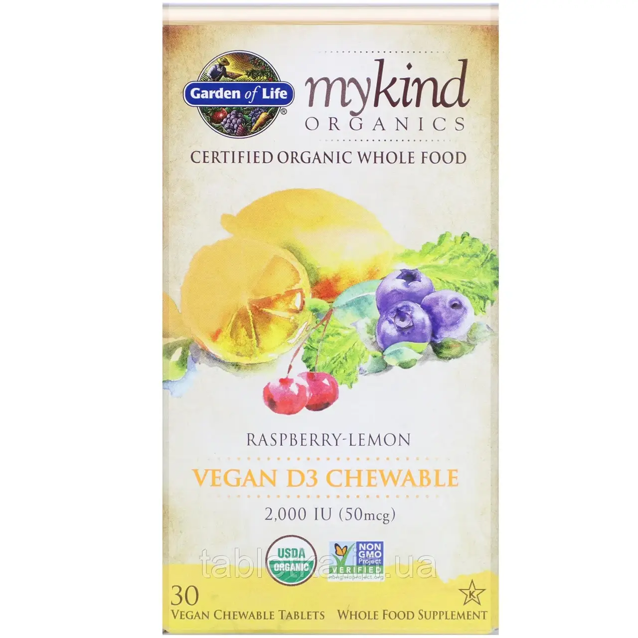 Garden of Life, MyKind Organics, веганський вітамін D3, зі смаком малини та лимона, 2000 МО, 30 вегетаріанських