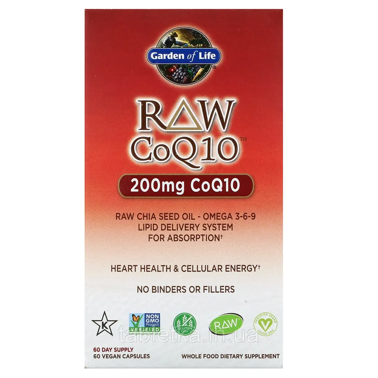 Garden of Life, RAW CoQ10, 200 мг, 60 веганських капсул