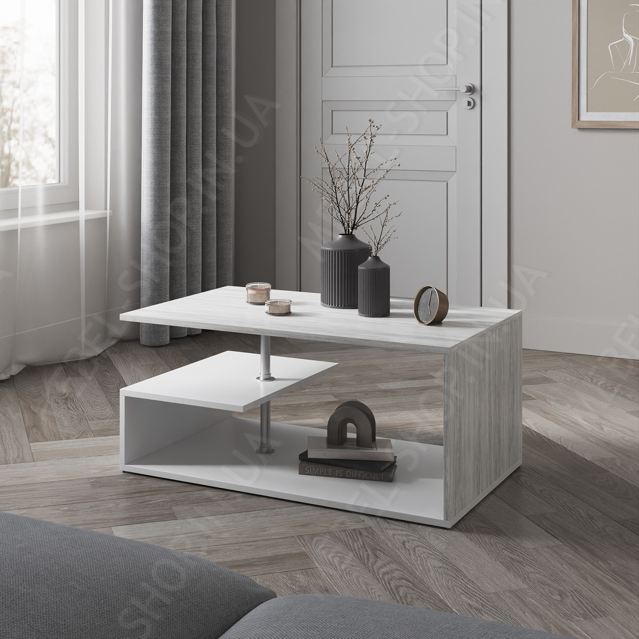 Журнальний стіл для офісних приміщень з полицями з ДСП Дизайнерський кавовий столик лофт 910 мм, фото 1