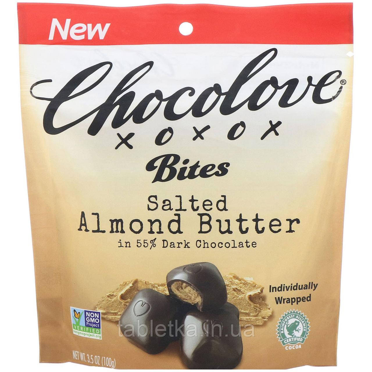 Chocolove, Bites, солона мигдальна олія 55% темного шоколаду, 100 г (3,5 унції)