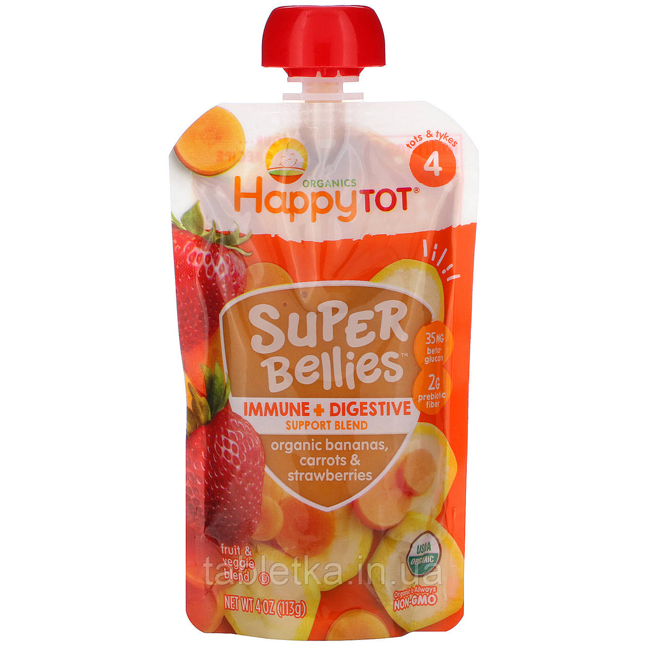 Happy Family Organics, Happy Tot, Super Bellies, органічні банани, морква та полуниця, 4 унції (113 г)