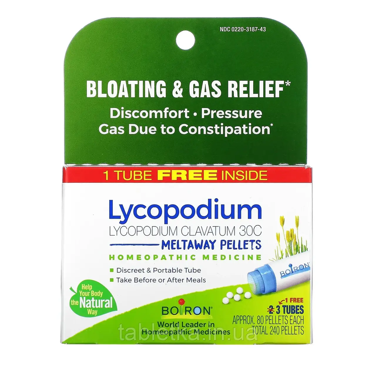 Boiron, Lycopodium, від здуття живота та газоутворення, гранули Meltaway, 30C, 3 пробірки, 80 гранул у кожній