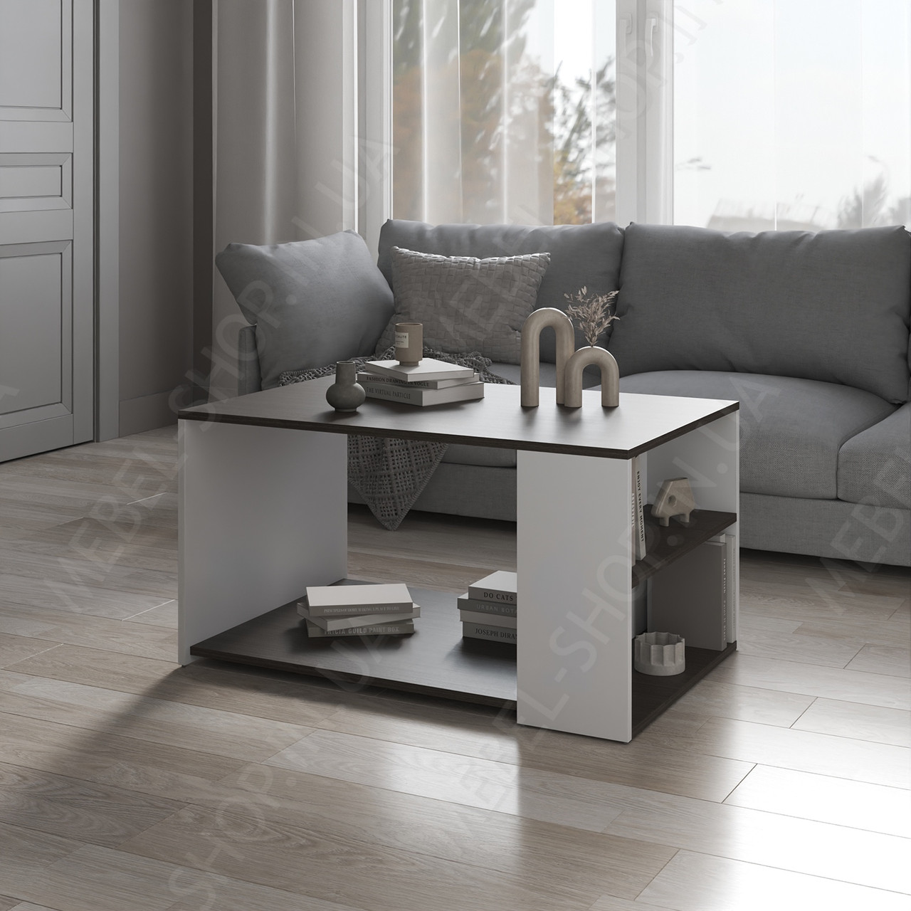 Журнальний стіл із поличками шириною 90 см Кавові та чайні столики у вітальню з Ламінованого ДСП, фото 1