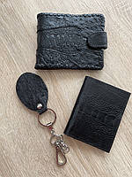 Подарунковий набір комплект для чоловіків гаманець візитниця брелок зі шкіри страуса чорний
