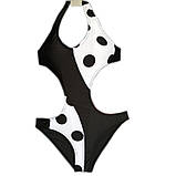 Чорно-білий злитий жіночий купальник у горох із зав'язкою на спині, фото 3