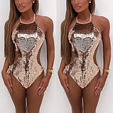 Жіночий купальник з паєтками з зав'язками на спині в зеленому кольорі, фото 5