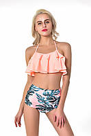 Літній жіночий купальник, плавки з принтом та завищеною талією, ліф персикового кольору