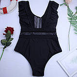 Закритий чорний купальник суцільний з прозорими вставками, фото 2