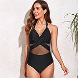 Закритий купальник на пляж чорного кольору із вставкою із сітки та зав'язкою на шиї, фото 8