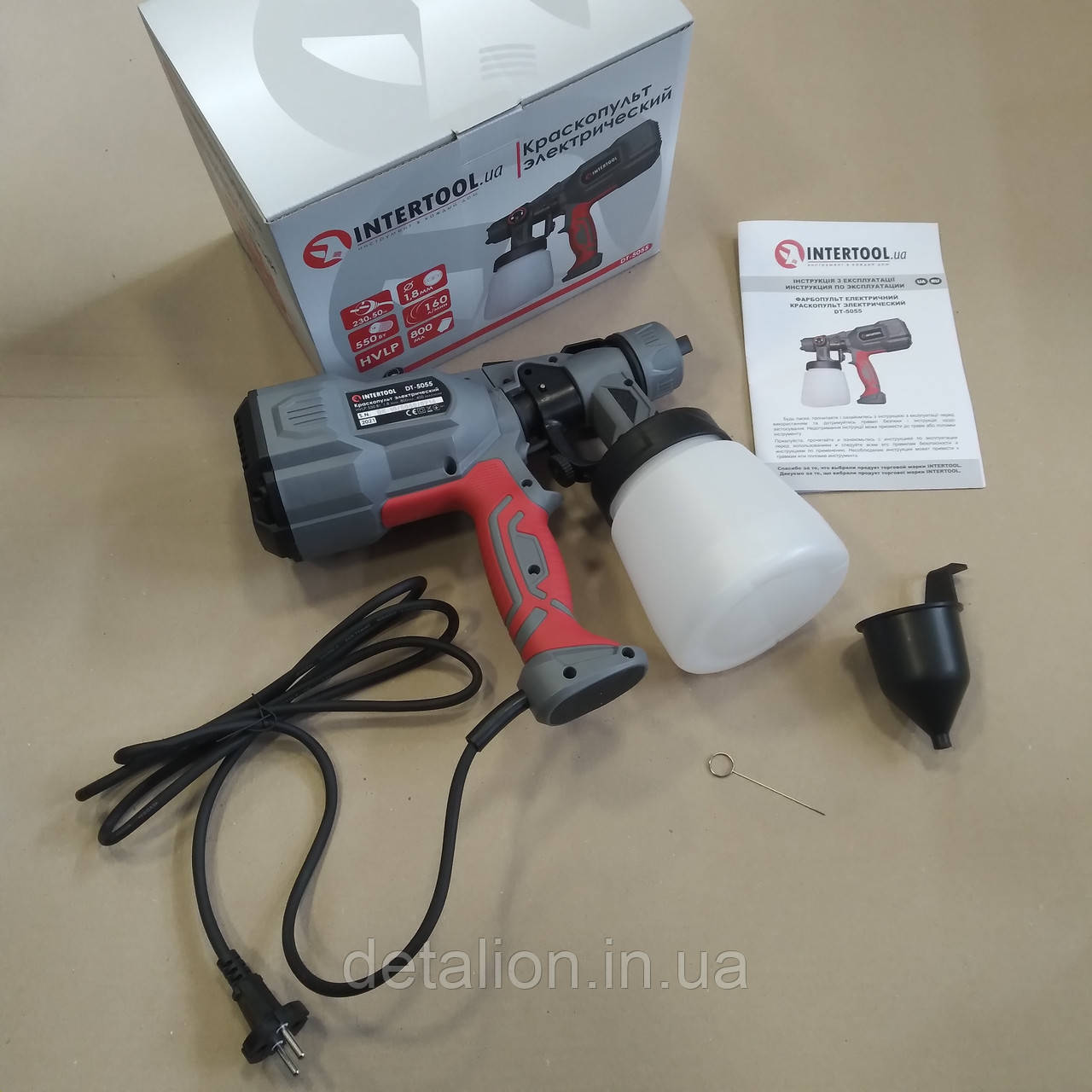 Фарбопульт електричний HVLP 550 Вт, форсунка 1.8 мм, бачок 800 мл, 400 мл/хв INTERTOOL DT-5055, фото 1