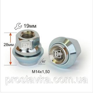 Гайка колісна 340148 Cr M14X1,50 Хром вращ.конус із виступом висота 28 мм відкрита Форд кл.19 мм, фото 1