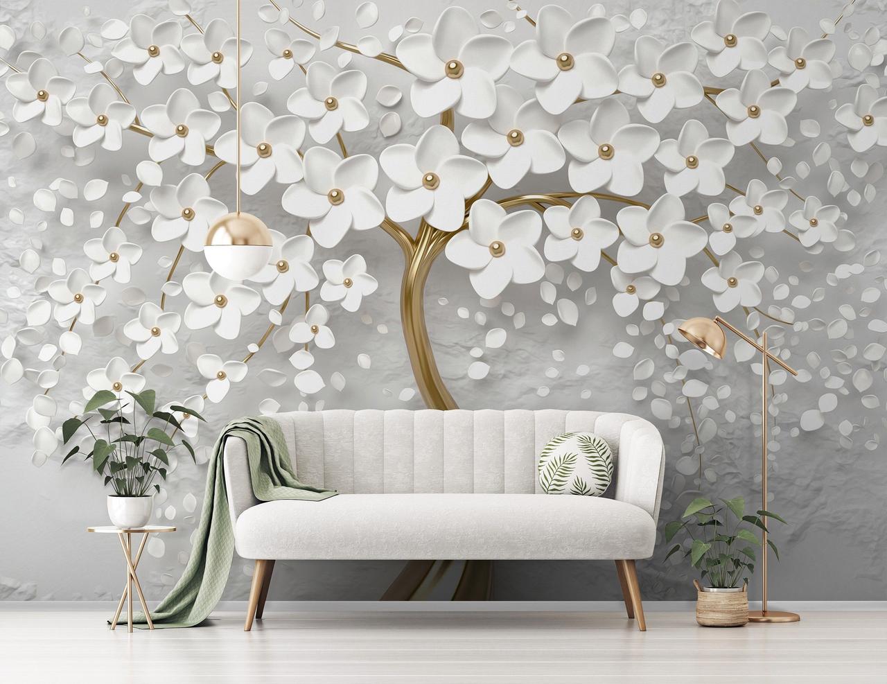 Флізелінові фото шпалери 254x184 см 3D Золоте дерево з білими квітами (13589V4)+клей
