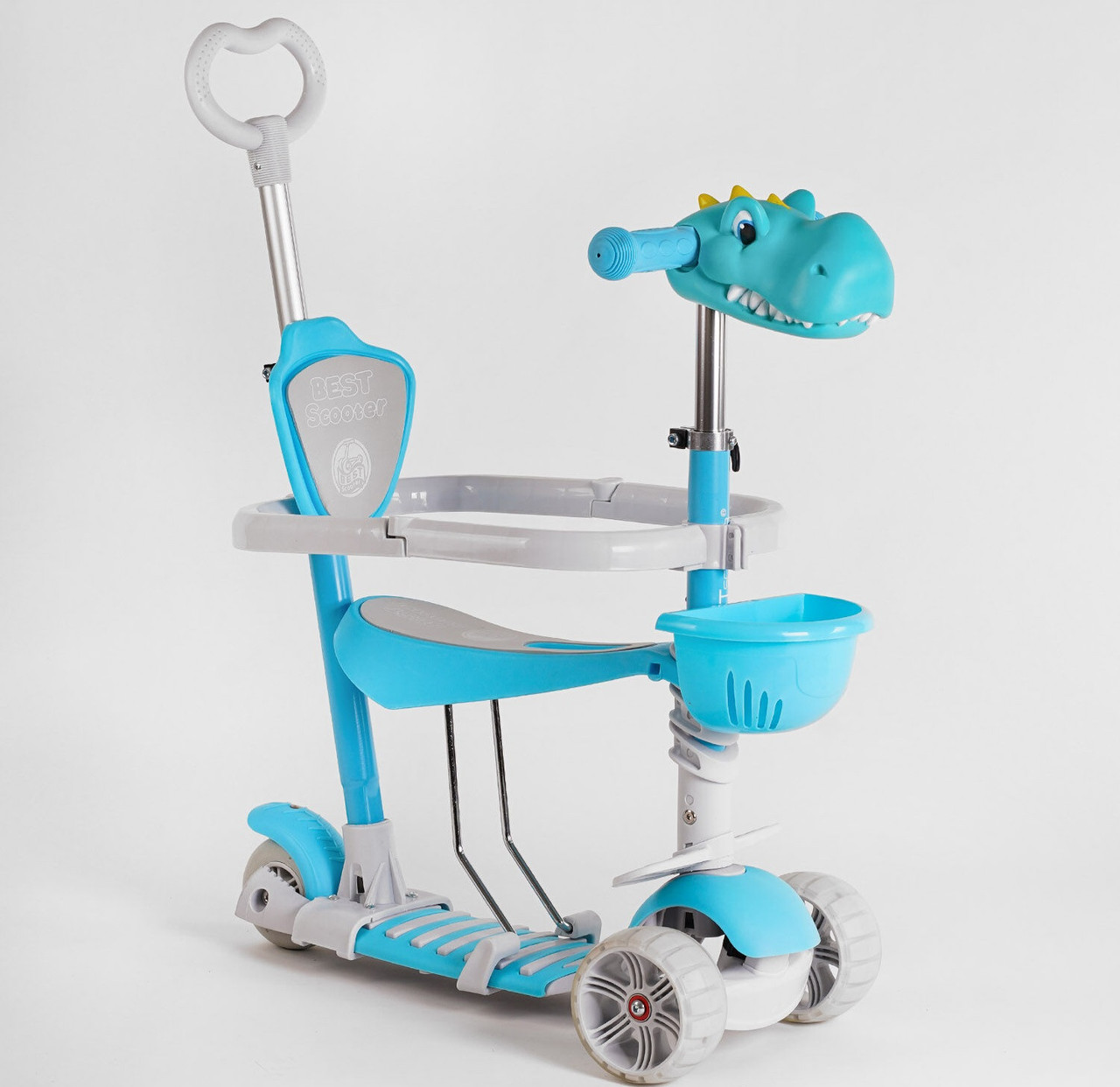 Самокат 5в1 Best Scooter S-81007 із захисним бампером, іграшка на кермі, PU колеса 120х50мм зі світлом