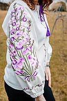 Вышиванка льняная женская c вышитыми цветми. Вышиванка с длинным рукавом, Размер L (108)