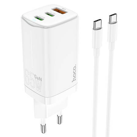 Зарядний пристрій (швидка зарядка) для телефону Hoco N16 2 х Type-C + USB 65Вт Білий (6931474747723), фото 1
