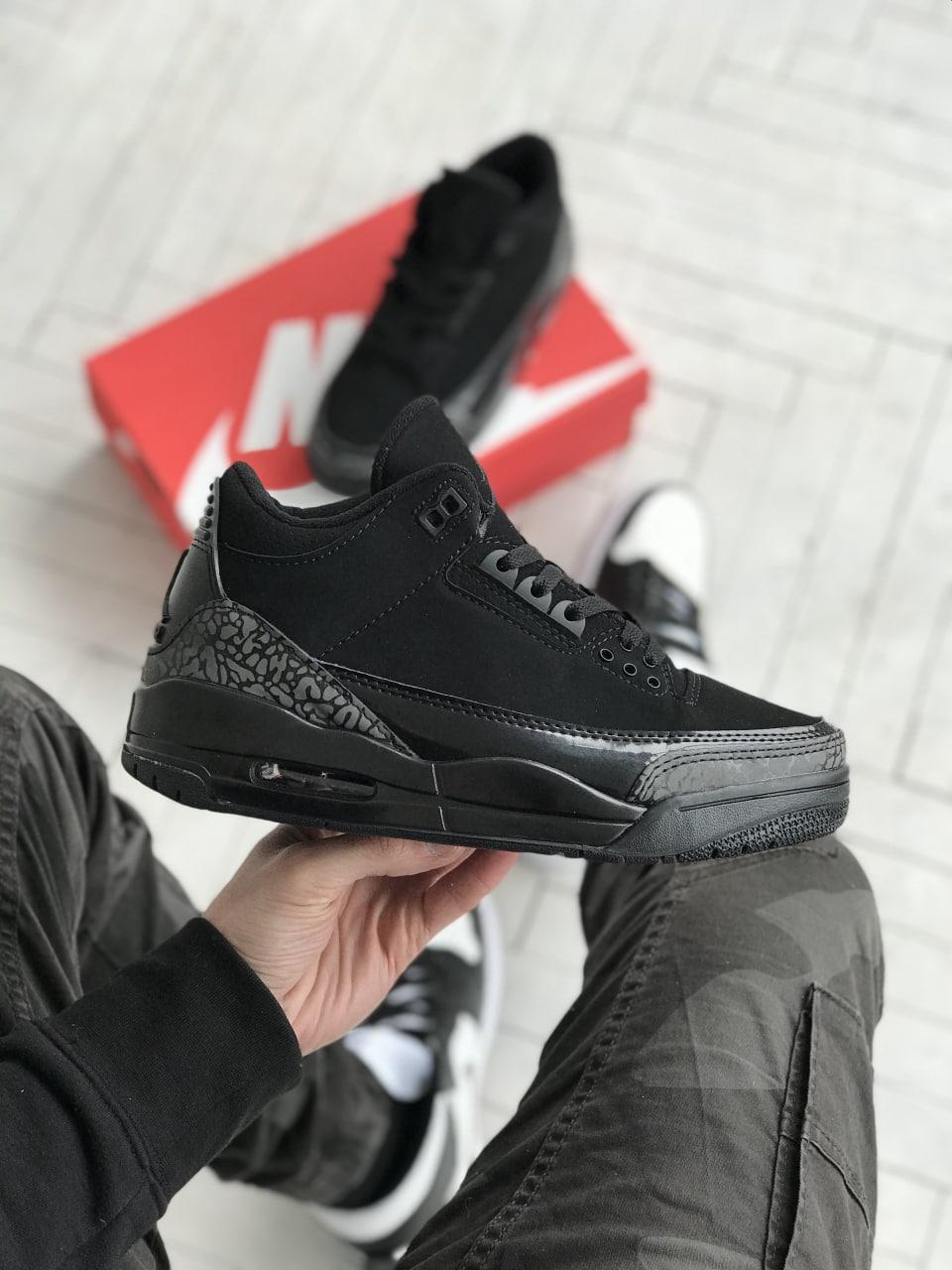 Кросівки чоловічі Nike Air Jordan 3 Retro Black чорні шкіряні високі демісезон модні стильні