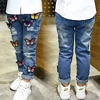 Детские стильные джинсовые штаны на девочку с бабочками, джинсы для детей