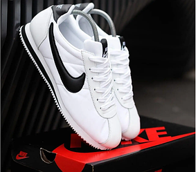 Чоловічі кросівки Nike Cortez White Black  Кеди Найк Кортез білі з чорним знаком шкіра демісезон