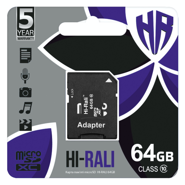 Карта пам'яті MicroSDHC 64GB UHS-I Class 10 Hi-Rali + SD-adapter