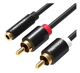 Аудіо кабель Vention 3.5mm Jack на 2RCA металевий корпус стерео 1 м Чорний VAB-R01-B100