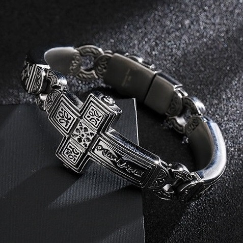 Браслет чоловічий сталевий на руку серетистий із хрестом, фото 1